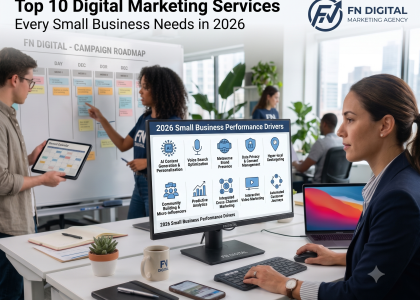 Top 10 digital marketing services for small businesses in 2026 including SEO, Google Ads, Meta Ads, website development, and social media marketing by FN Digital