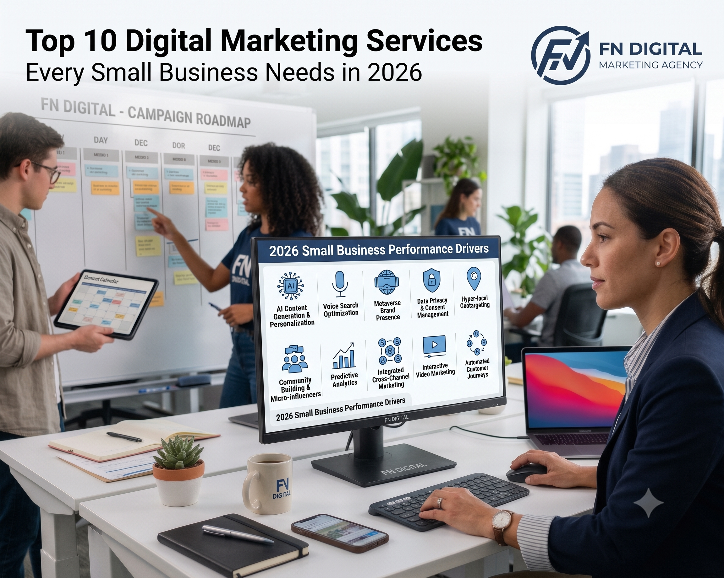 Top 10 digital marketing services for small businesses in 2026 including SEO, Google Ads, Meta Ads, website development, and social media marketing by FN Digital